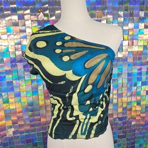 SHEIN ICON Butterfly Print One Shoulder Ruched Crop Top Teal Green US 6 Medium